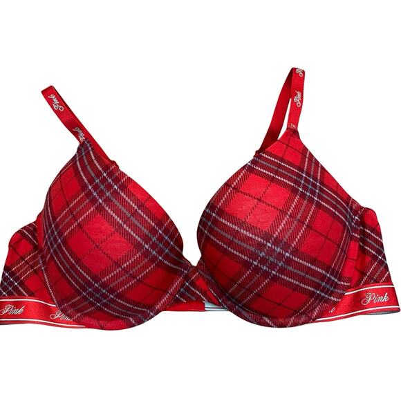 Victorias Secret Pink Wear Everywear Push Up Bra 36C Red Plaid Logo Holiday Wire - Picture 1 of 8